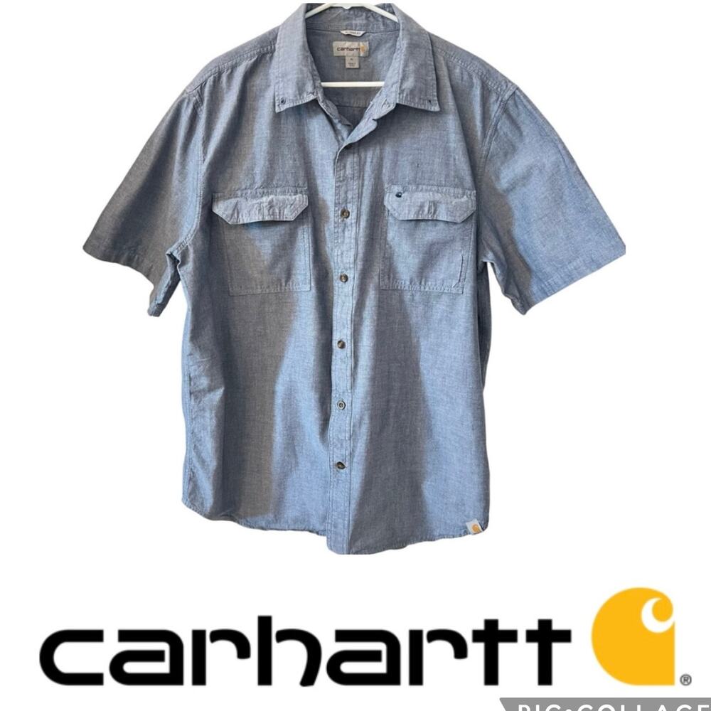 CARHARTT Men's Denim Blue Button Down Shirt XL Pocket Short Sleeve Relaxed Loose